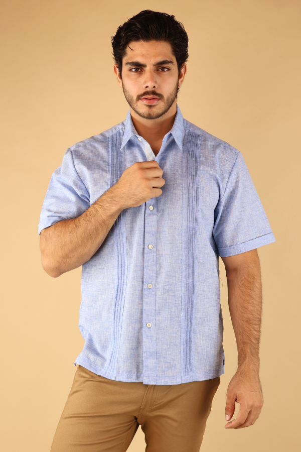 Guayabera Azul Jaspe Manga Corta Hombre Alforzas Frontales Casual Elegante